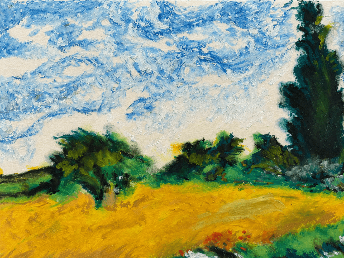 Blue-sky meadow with tall cypress