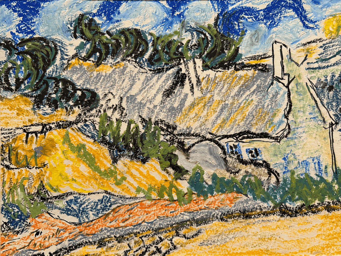 Graphic hillside landscape with cypress and road