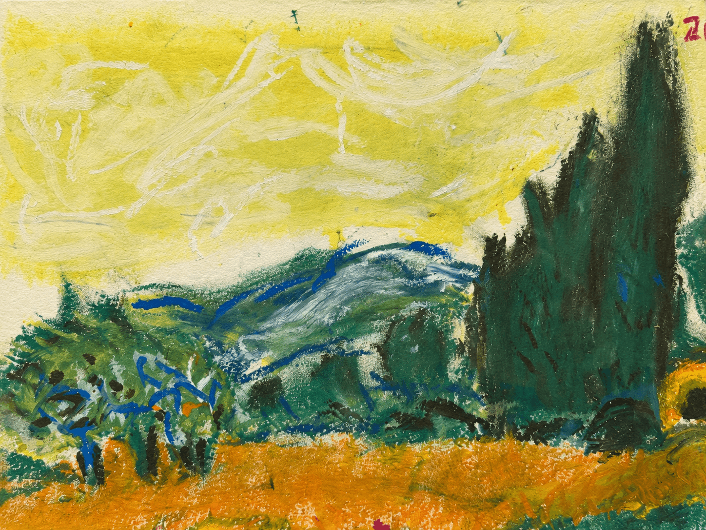 Luminous yellow-green landscape with cypress