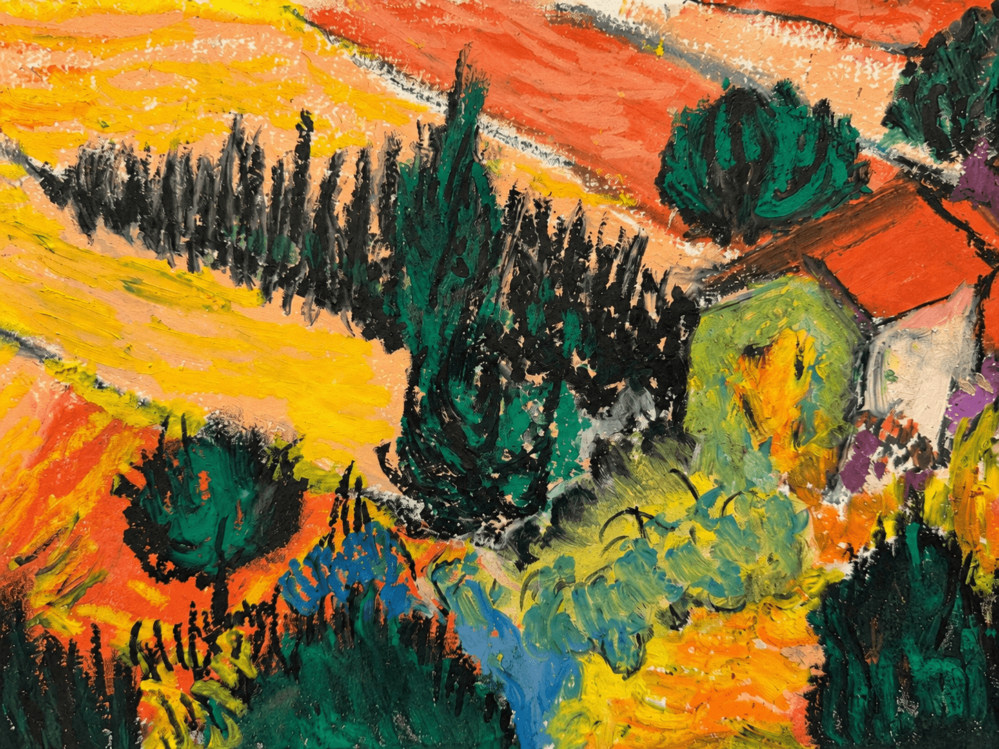 Vivid orange and green hillside village