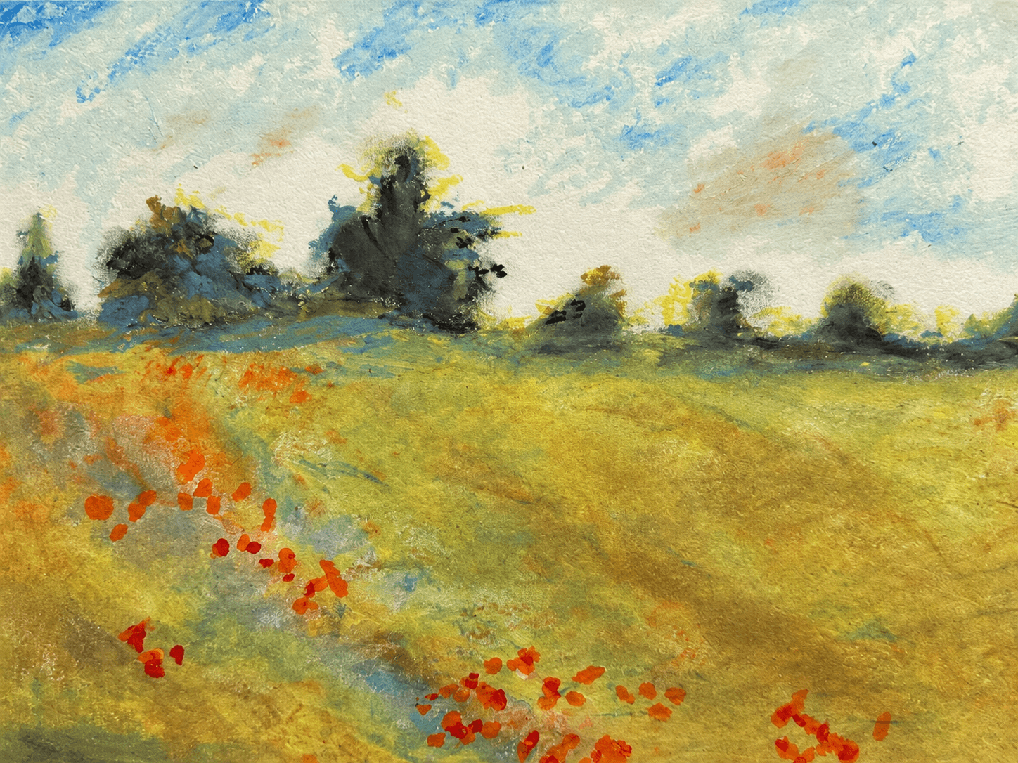 Soft green meadow with scattered red flowers