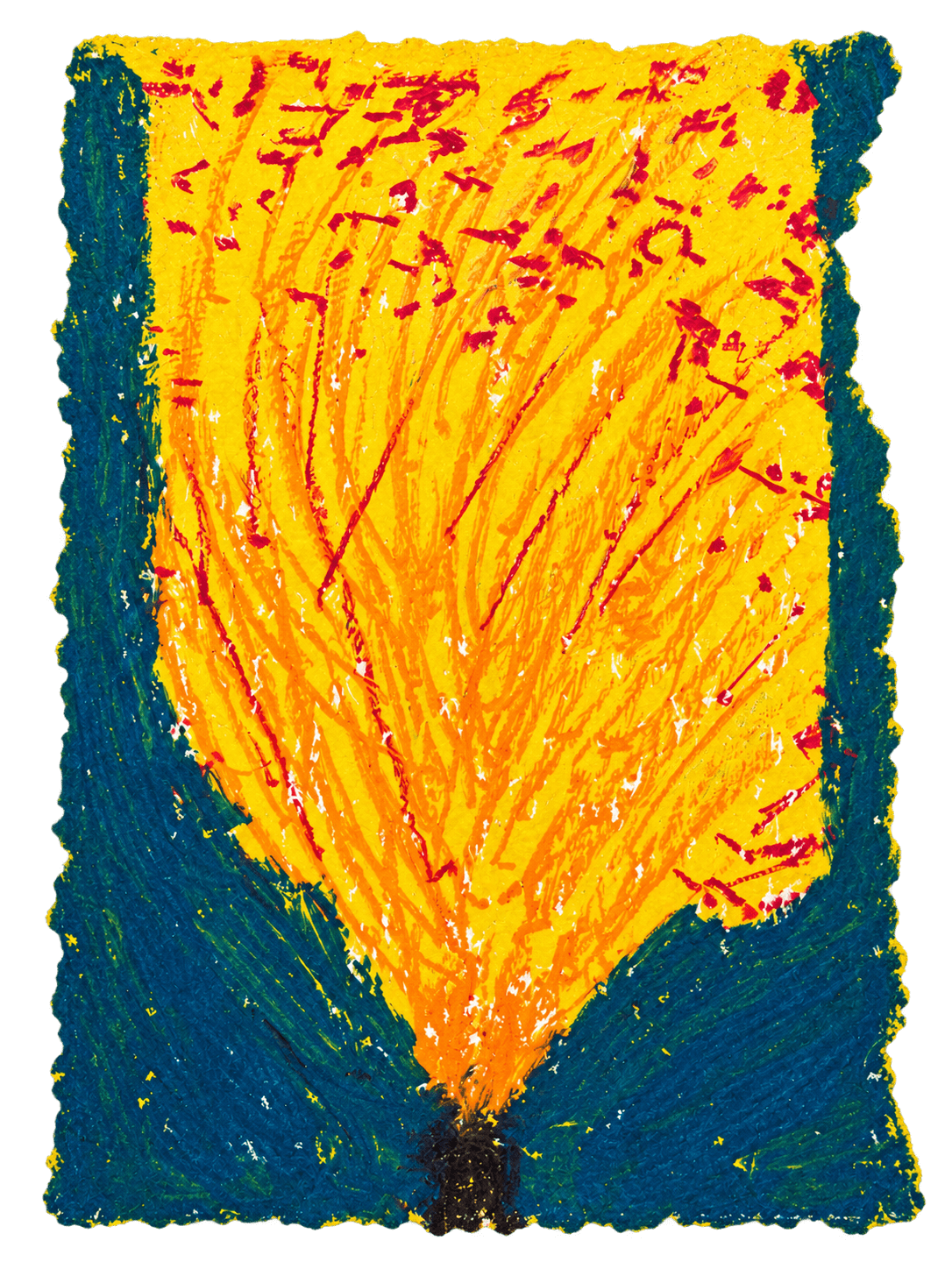 Yellow flame or flower form on teal ground