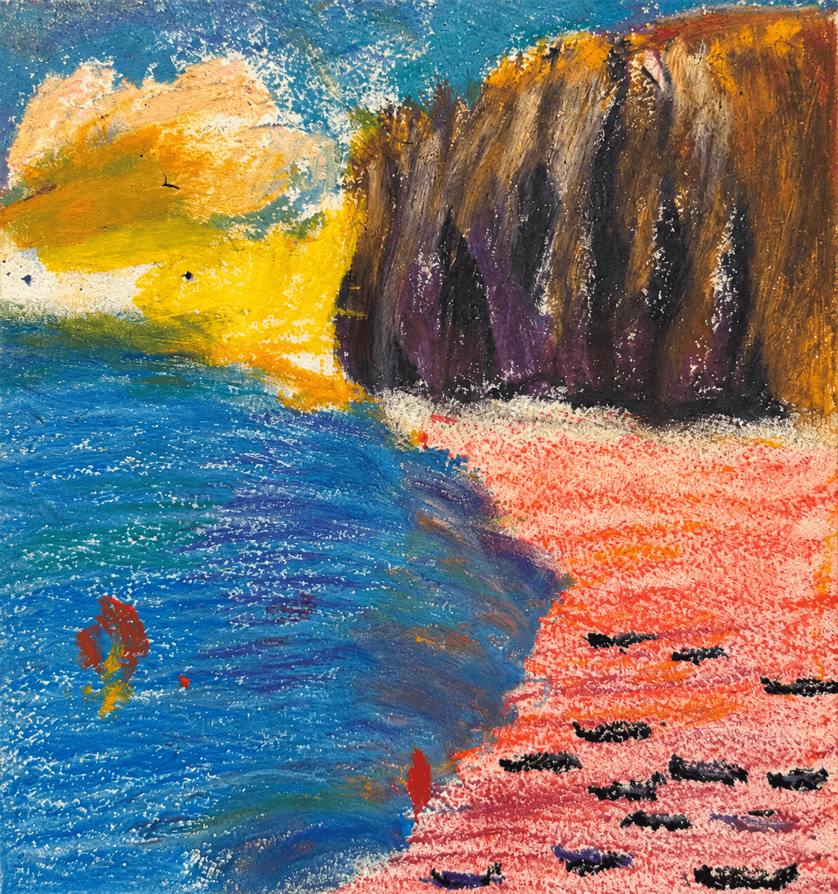 Beach, cliff, and water in blue and coral