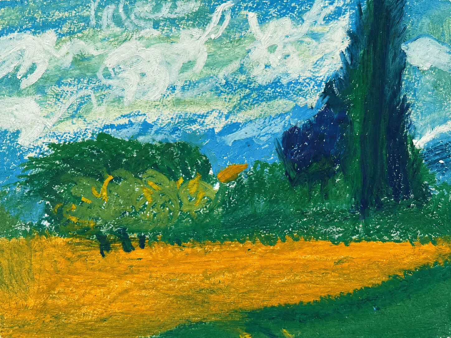 Green and ochre field beneath turquoise sky