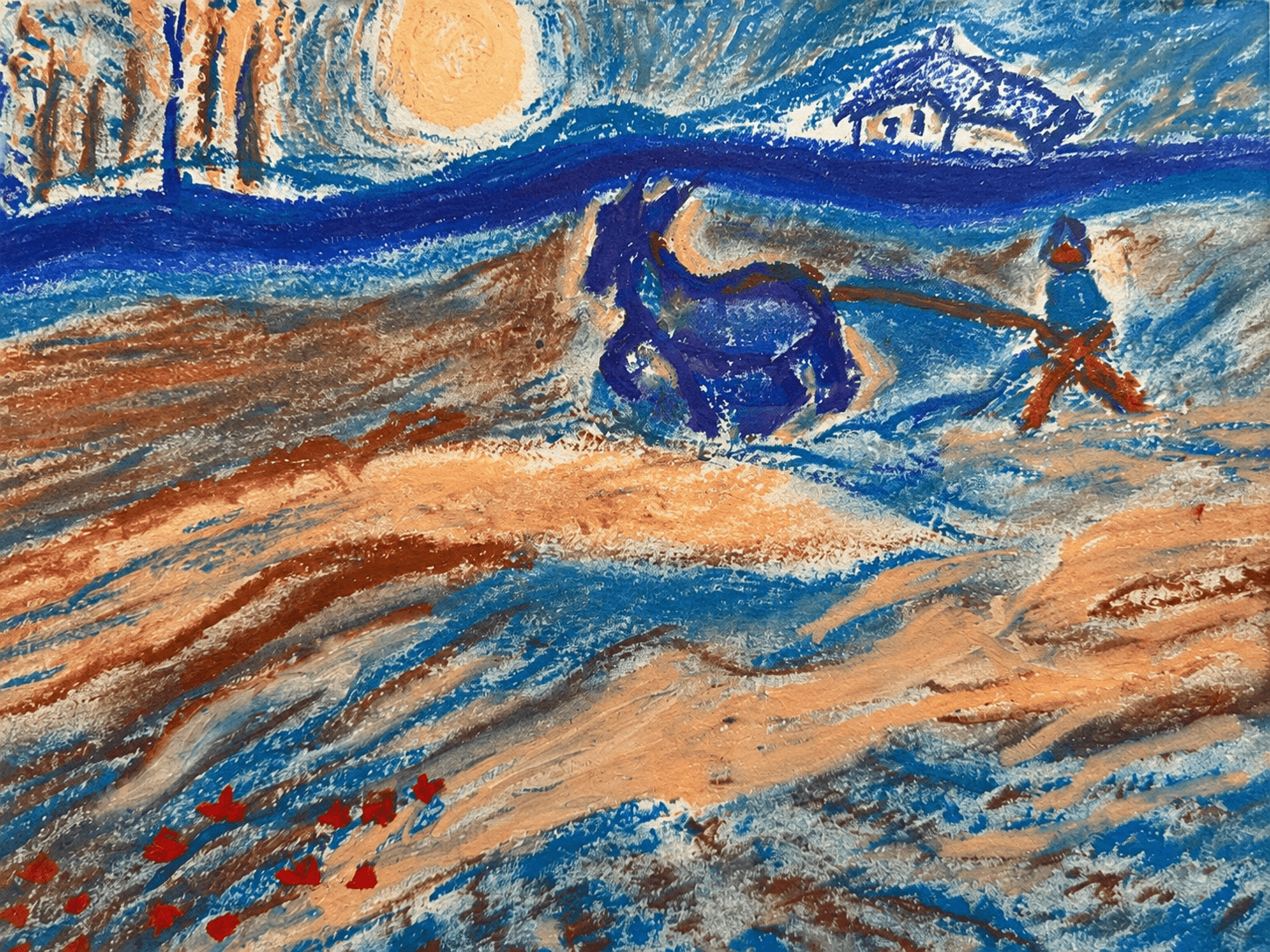 Snowy mountain landscape with figures and animal