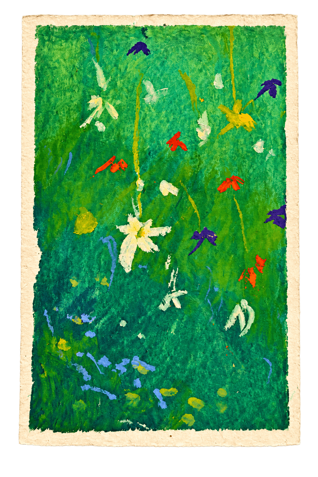 Green field with white birds