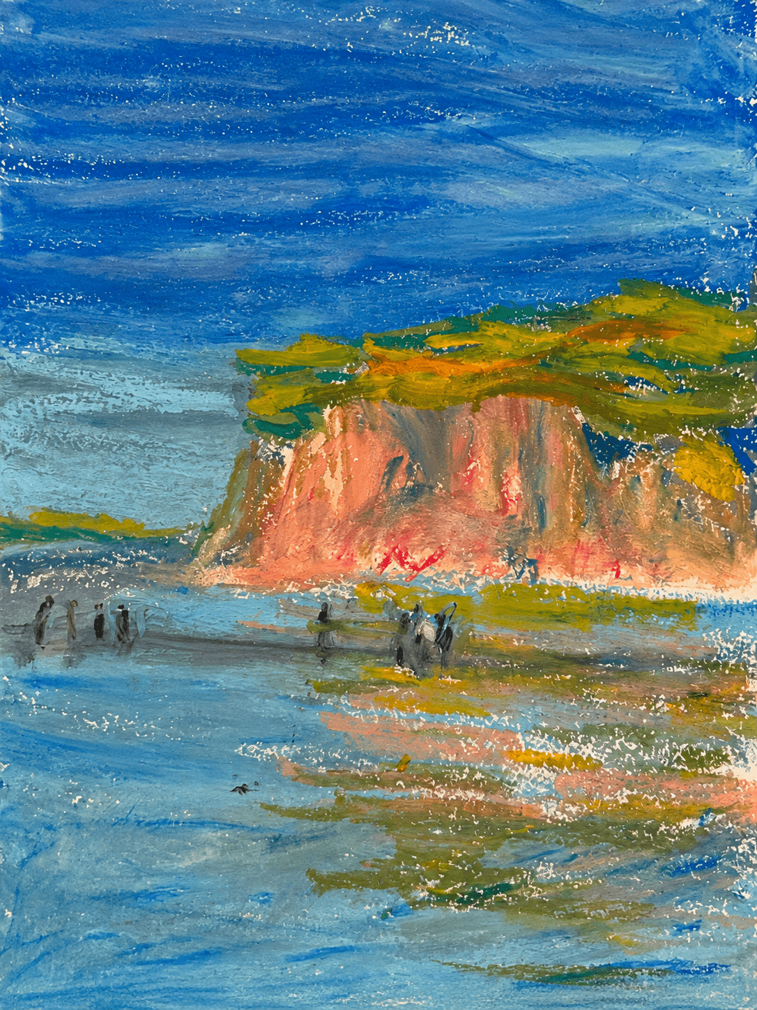 Blue water and ochre shore