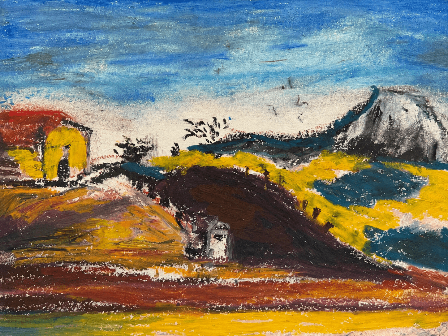 Expressive mountain valley with yellow fields