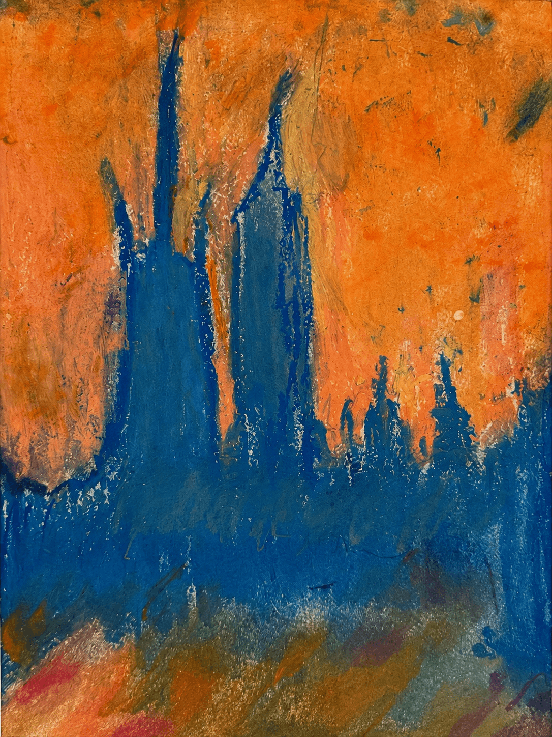 Blue trees against ochre sky