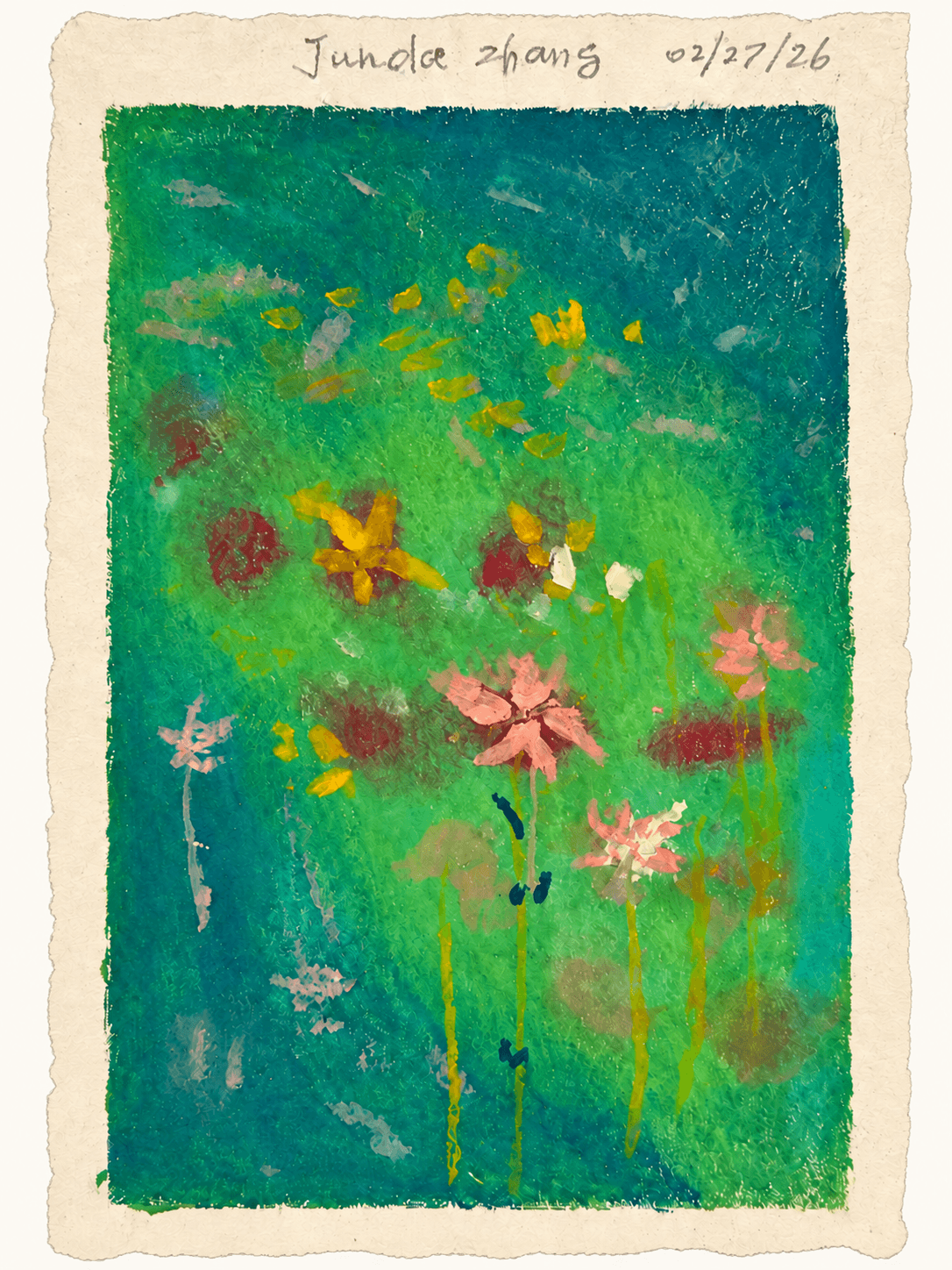 Green flower garden on handmade paper