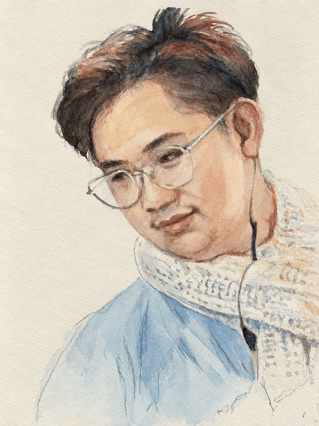 Portrait with clear glasses, scarf, and pale blue clothing