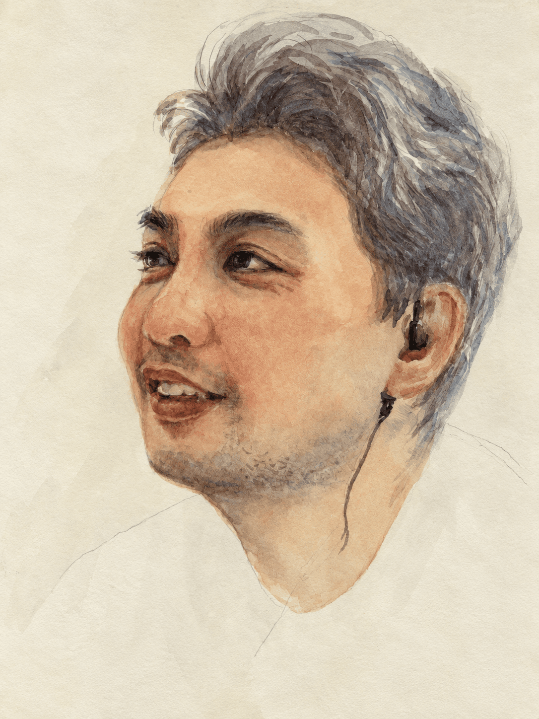 Side-turned portrait with gray hair and an earring