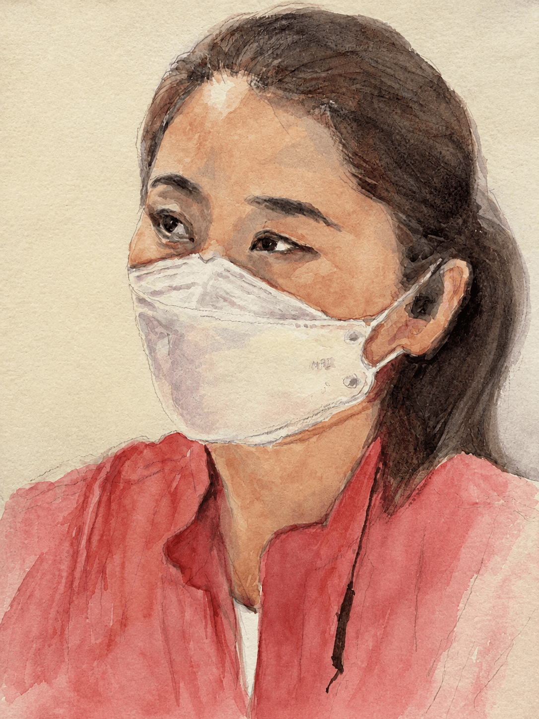 Masked woman in a coral jacket