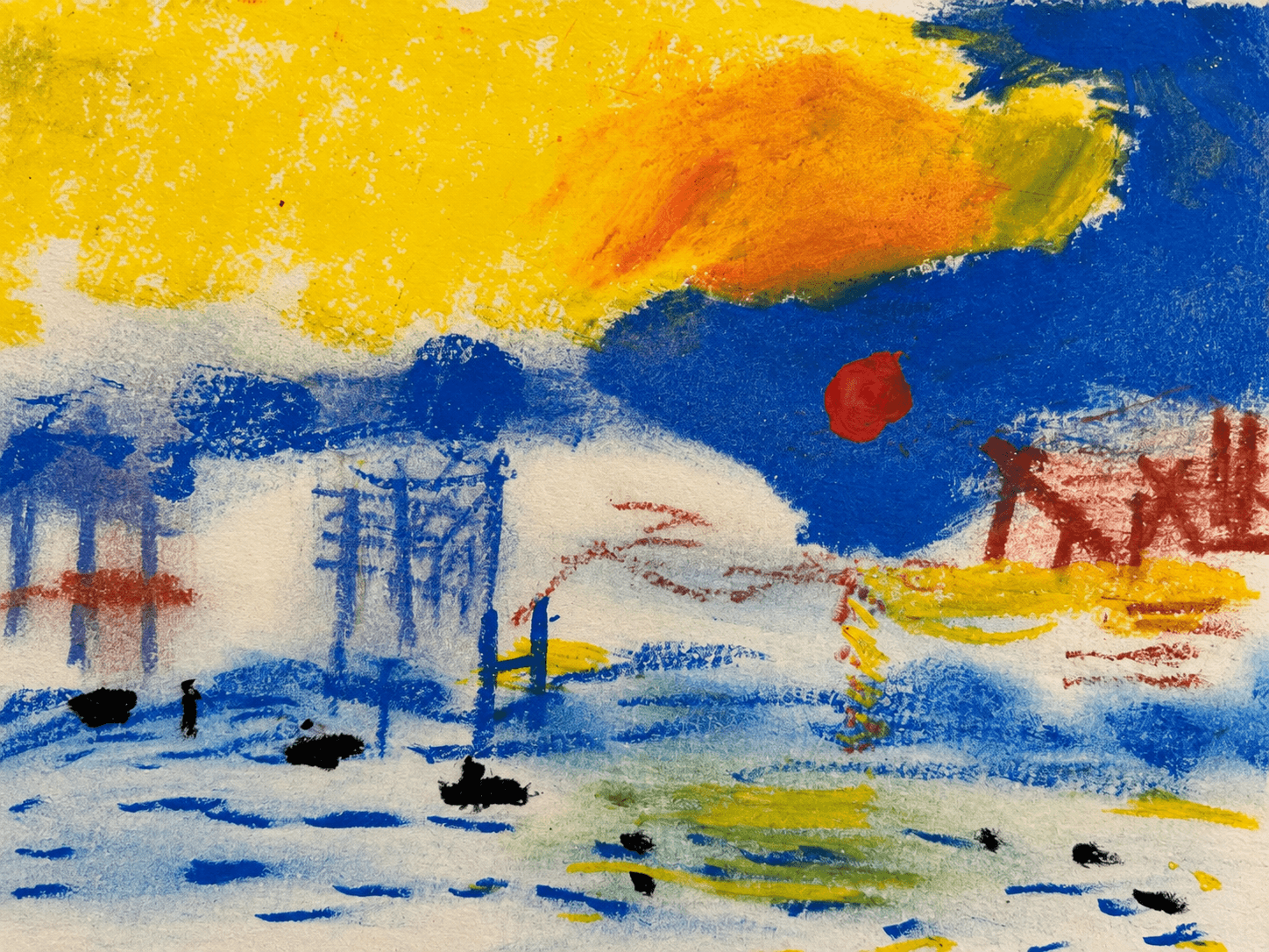 Abstract shoreline or harbor in yellow and blue