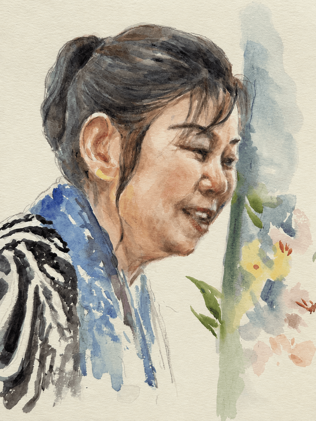 Woman in blue and white scarf