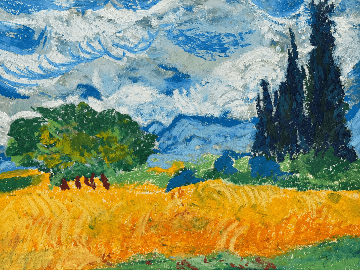 Blue cloudscape over ochre field
