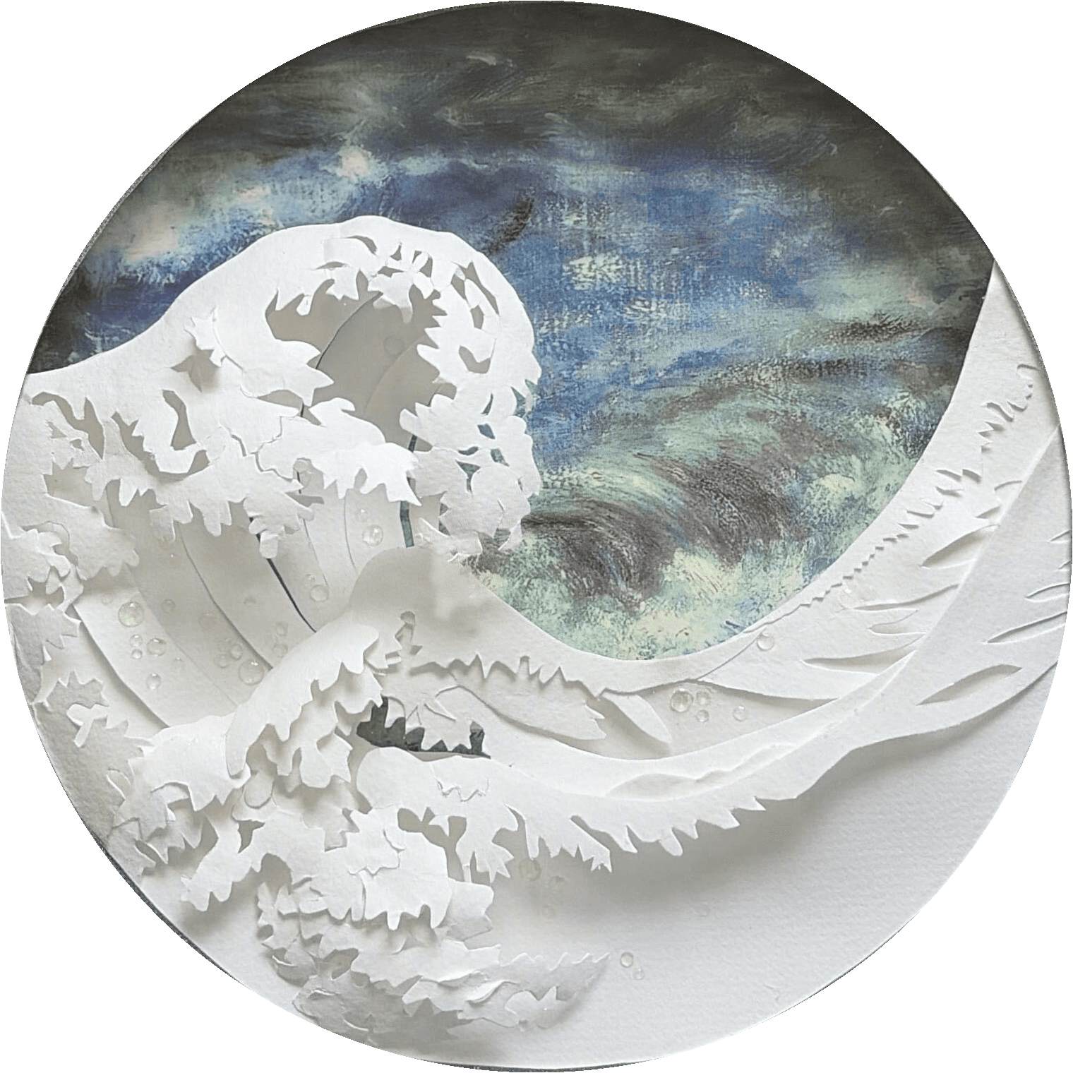 Layered white paper wave against a blue green circular sky