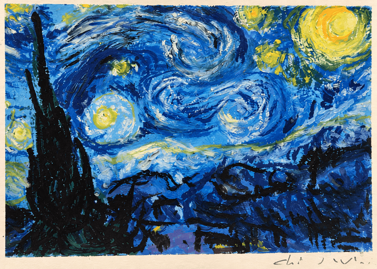 Swirling blue night sky with yellow stars and dark cypress