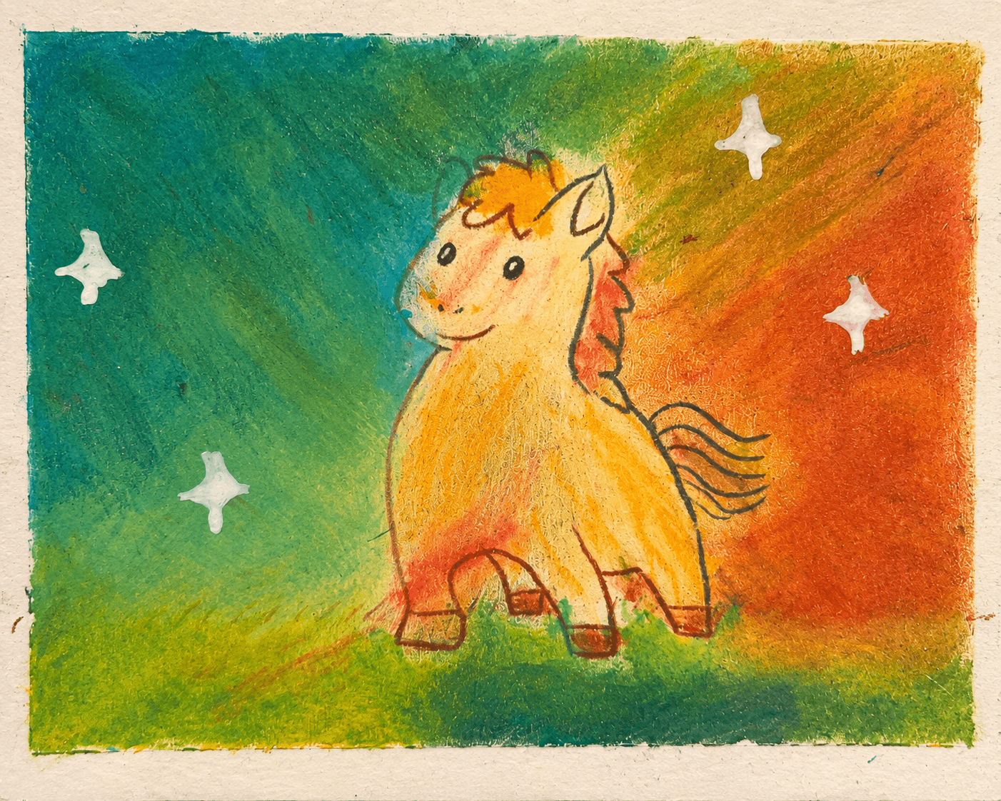 Yellow pony and four white stars on a green orange background