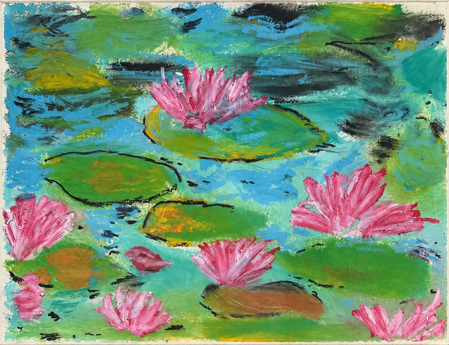 Pink water lilies and green pads on turquoise water