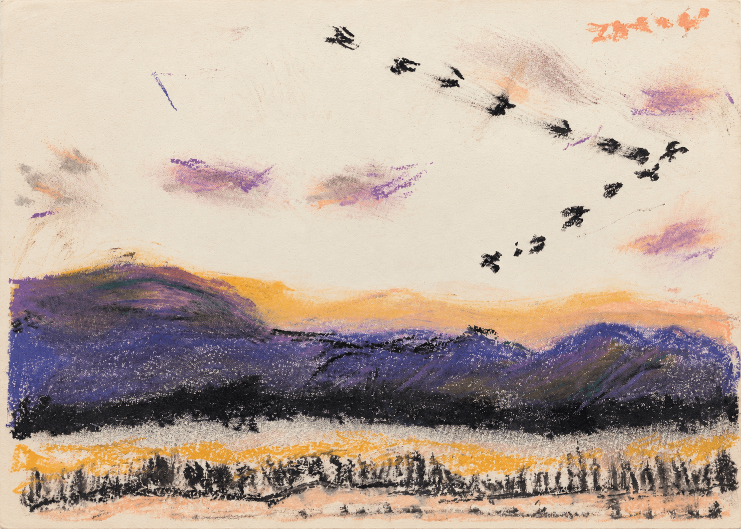 Flying birds over purple hills and ochre foreground
