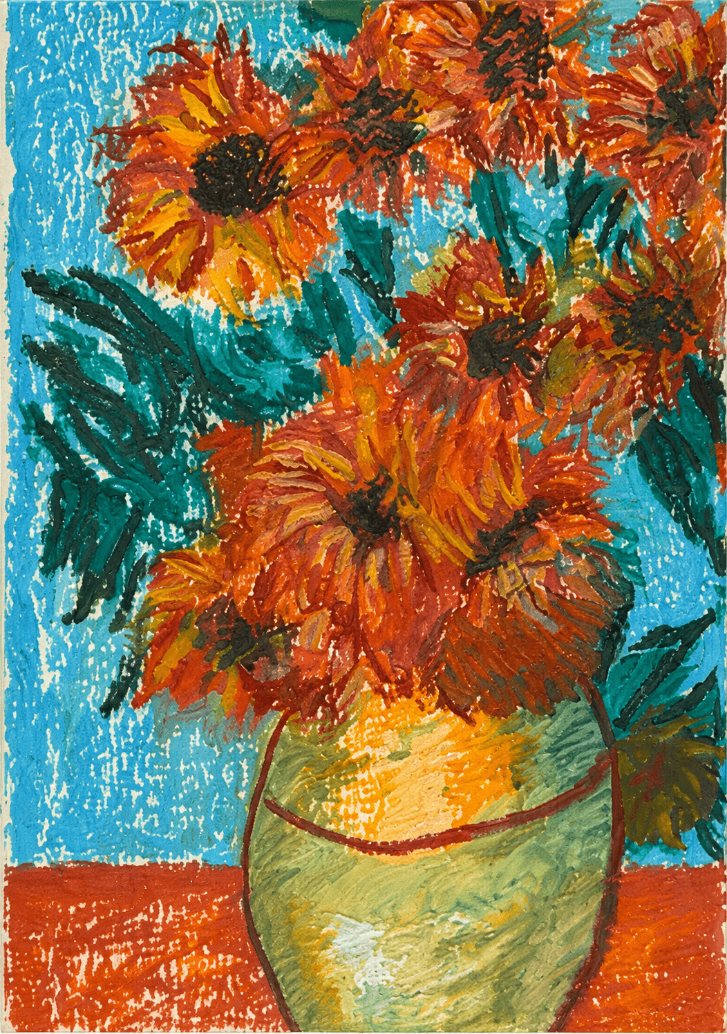 Orange flowers in a green vase against teal ground