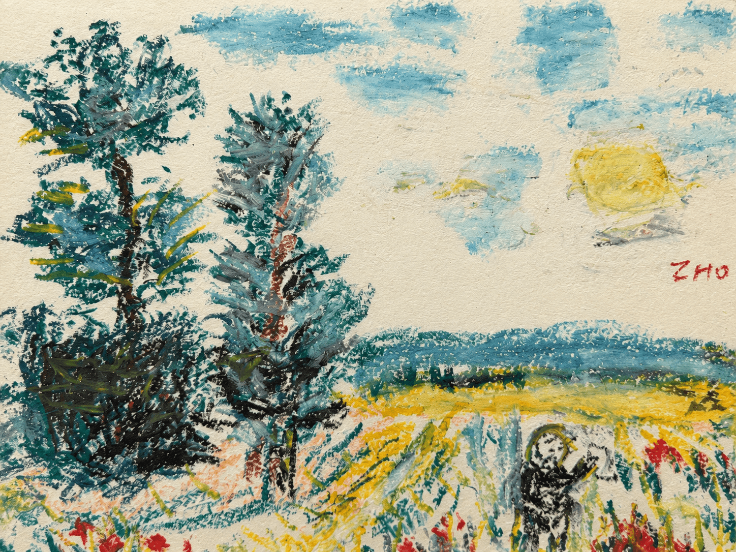 Pastoral field with trees and sun