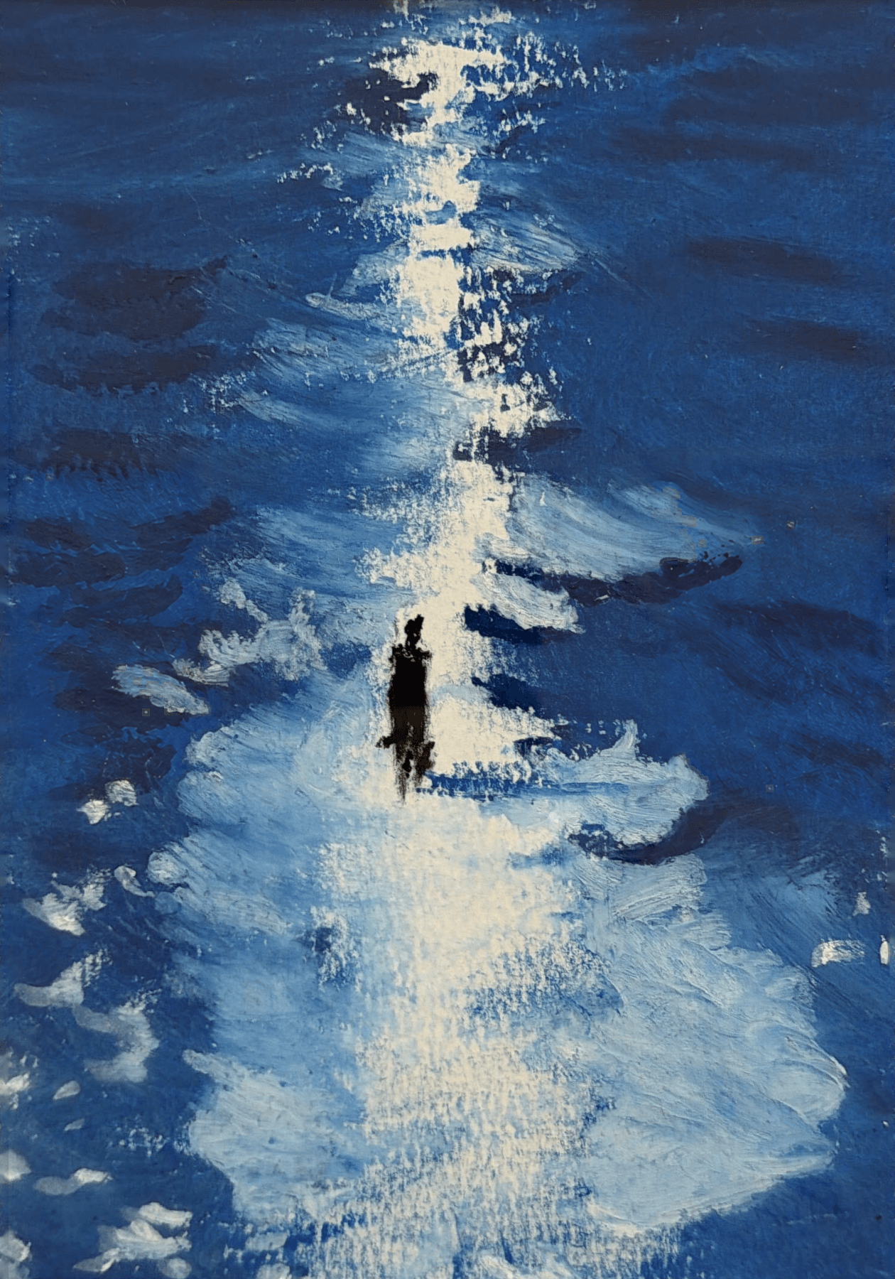Solitary dark figure in blue water beneath a bright vertical light reflection