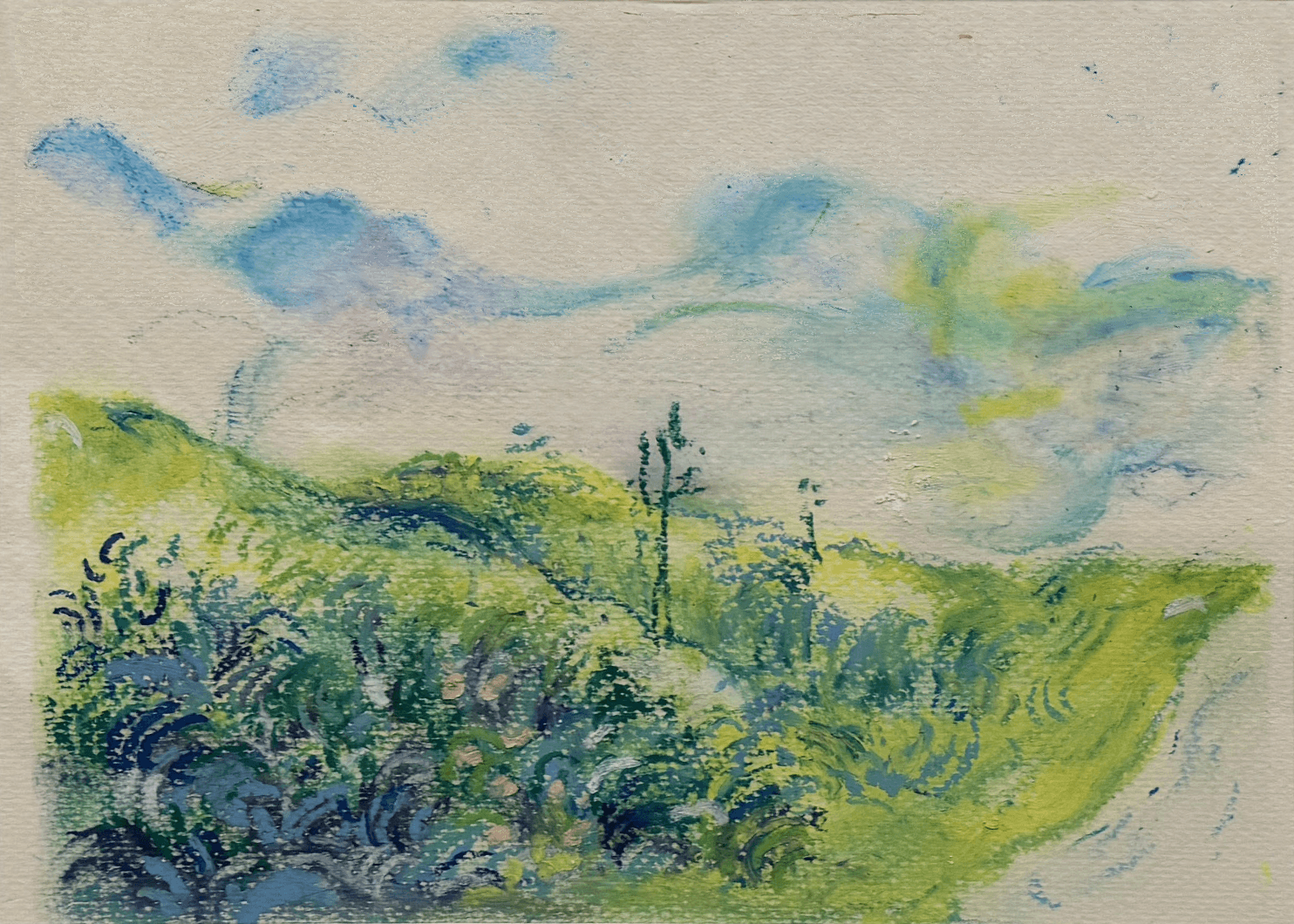 Pale green hillside with two thin trees under a soft cloudy sky