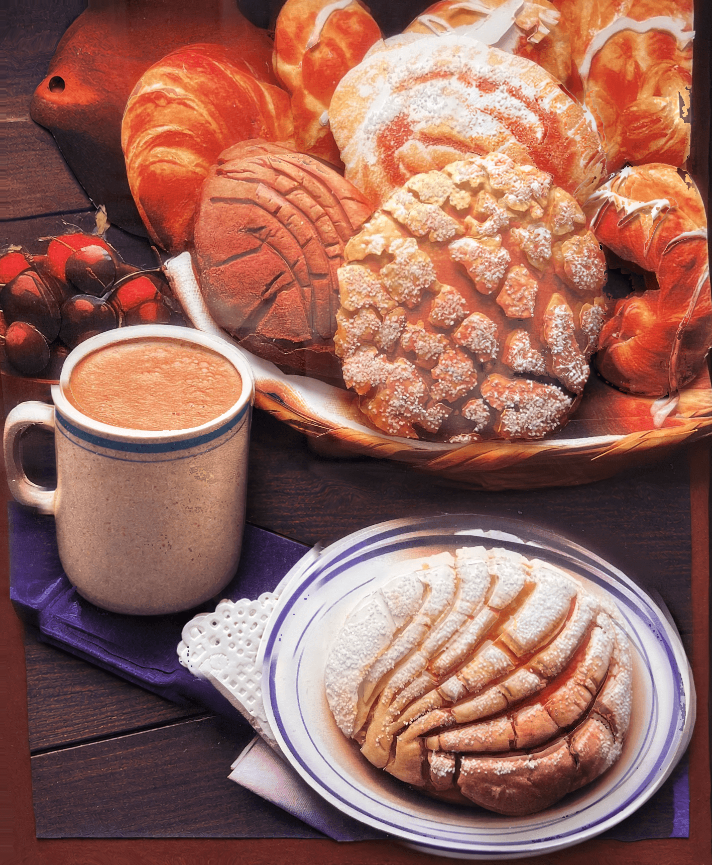 Mexican pan dulce and hot chocolate 3D shadow-box still life